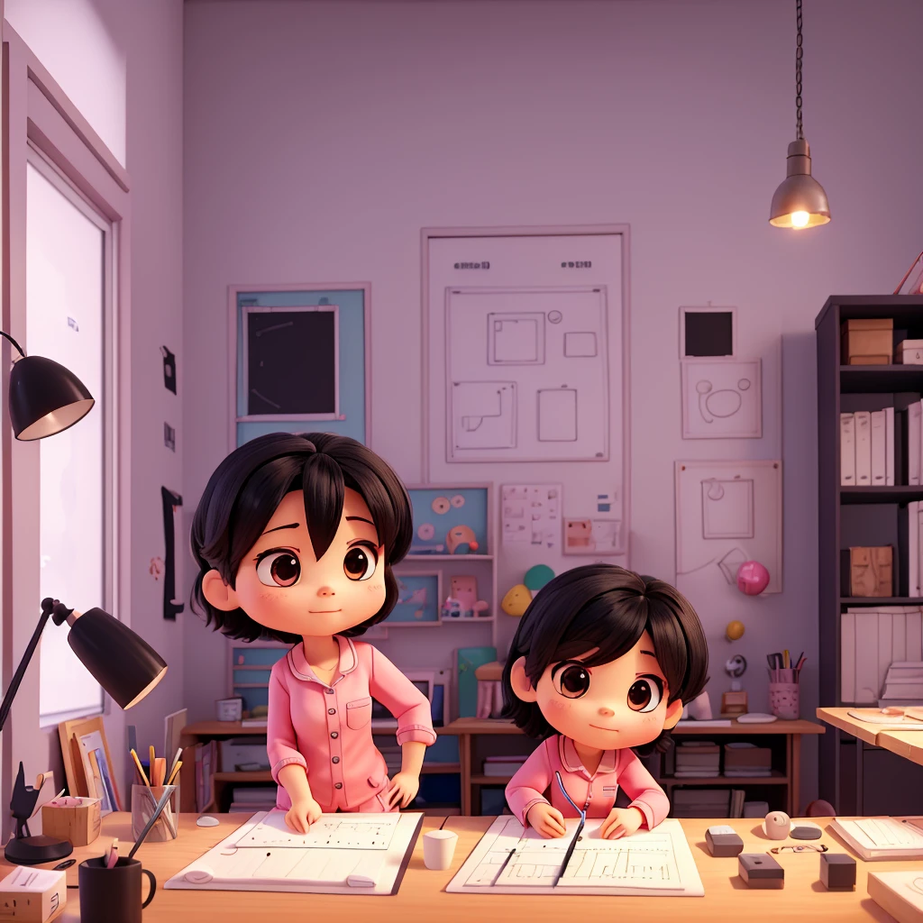 A cute chibi-style illustration of an arki student working on her architectural plates at a drafting table. Its already midnight. The room has a graphing table, the lamp is on, and other materials around her. The student has black short hair. She is wearing her pink pajamas. She has a tired expression.