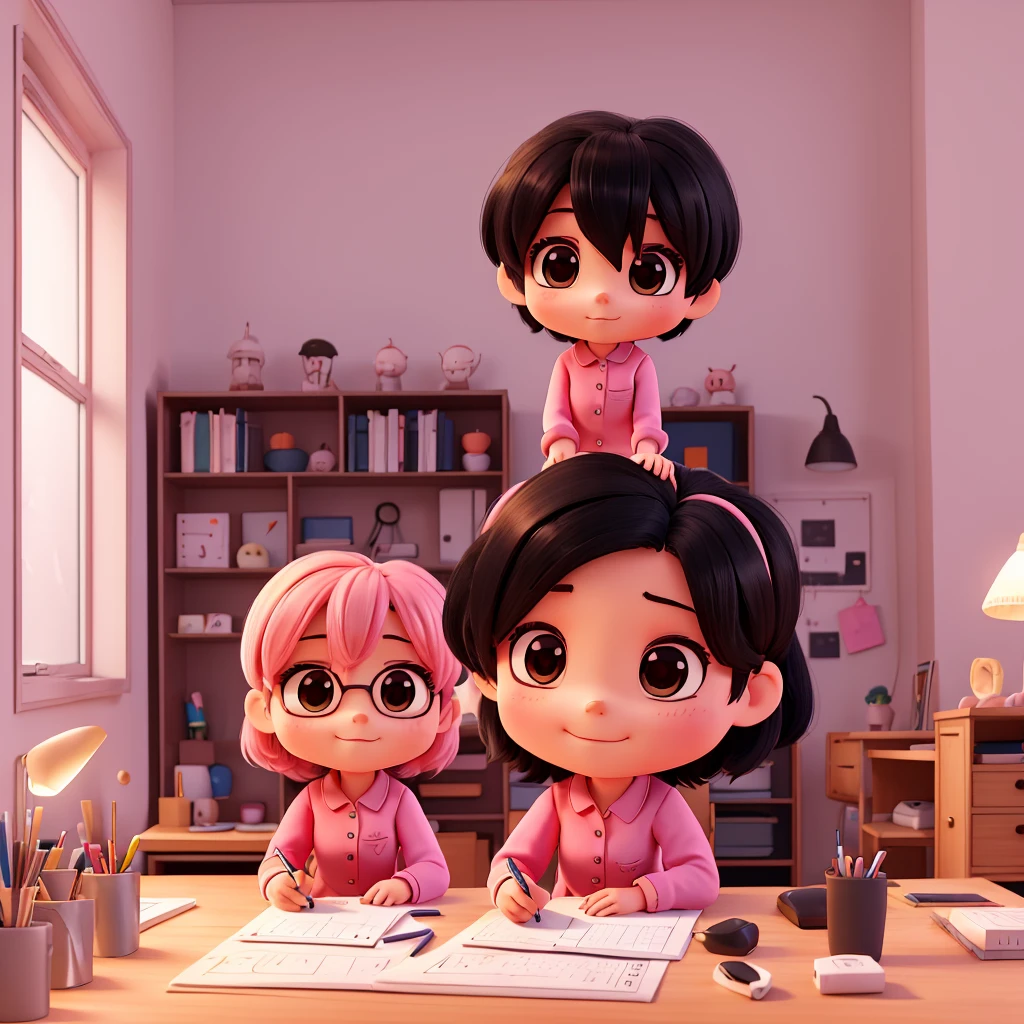 A cute chibi-style illustration of an arki student working on her architectural plates at a drafting table. Its already midnight. The room has a graphing table, the lamp is on, and other materials around her. The student has black short hair. She is wearing her pink pajamas. She has a tired expression. 
