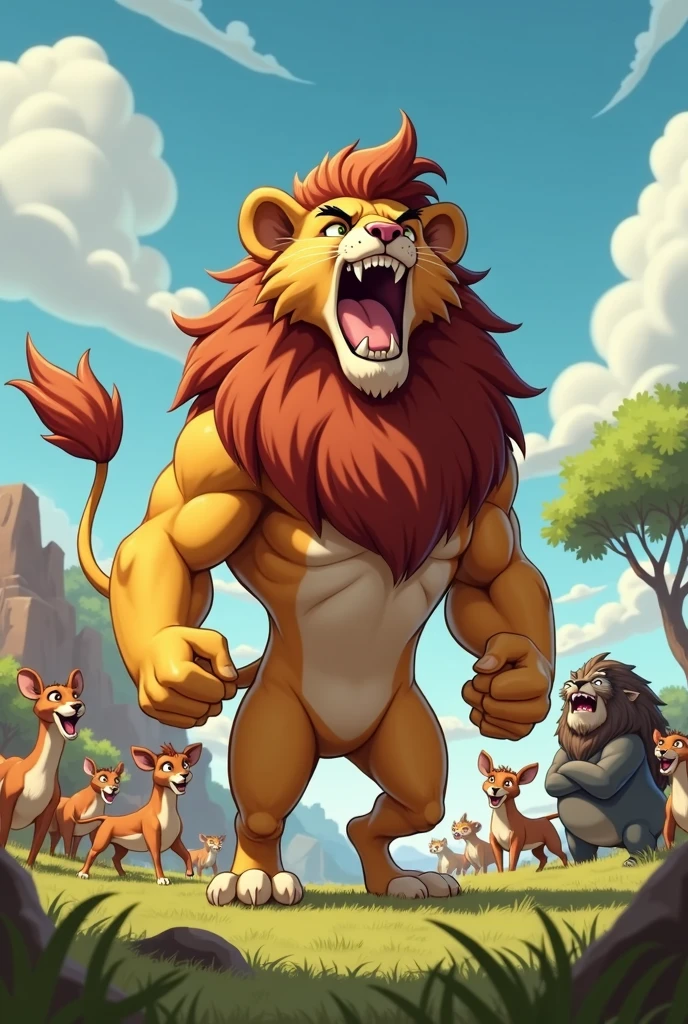 Detailed picture of a confident man anthro, (Lion, powerful body) standing proudly on the middle of the savanna, roaring with his mouth wide open. trending on Art Station, Ross Tran, ruan jia, foxovh, ((determined expression, the other animals are clapping and cheering in the background, cartoon