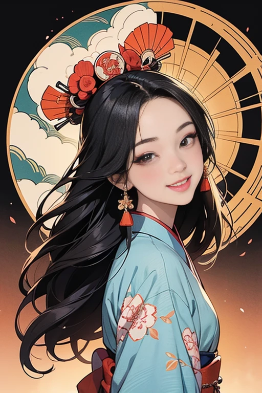 A beautiful woman smiles and shows her upper white teeth、Vividly colored Japanese Ukiyo-e style illustrations、(SeaArt creates stunning illustrations of beautiful women in kimono)、Brown-black long hair、Beautiful full body style、Beautiful digital painting,、Bright vibrant digital anime art、 Detailed digital anime art、 Beautiful anime portraits、background、Torii gates of Fushimi Inari Shrine in Kyoto, Japan、Detailed CG、