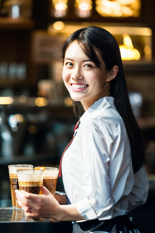 (8k, RAW photo, best quality, masterpiece), (photorealistic), outstanding details, ultra-high resolution, anatomically correct, textured skin, (Extremely precise and accurate ???????),
Ultra Detailed Face, Detailed Eyes, 

 1 Girl, barista uniform, forehead, pulled back hair, 
(Cute Japanese girl , 20-year-old), (light smile:1.2),
cinematic lighting in the hair, hair light, wind in the hair,
open cafe, 

(backlighting), 
(reflection light from below:1.4), 
atmospheric perspective, depth of field, 
(dramatic lighting), cinematic lighting, 