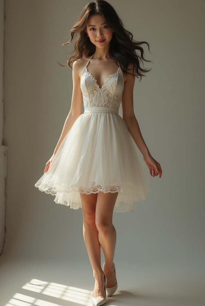 White lace dress,School Belle,Short skirt,whole body,High heel,Smile,student,Sultry eyes