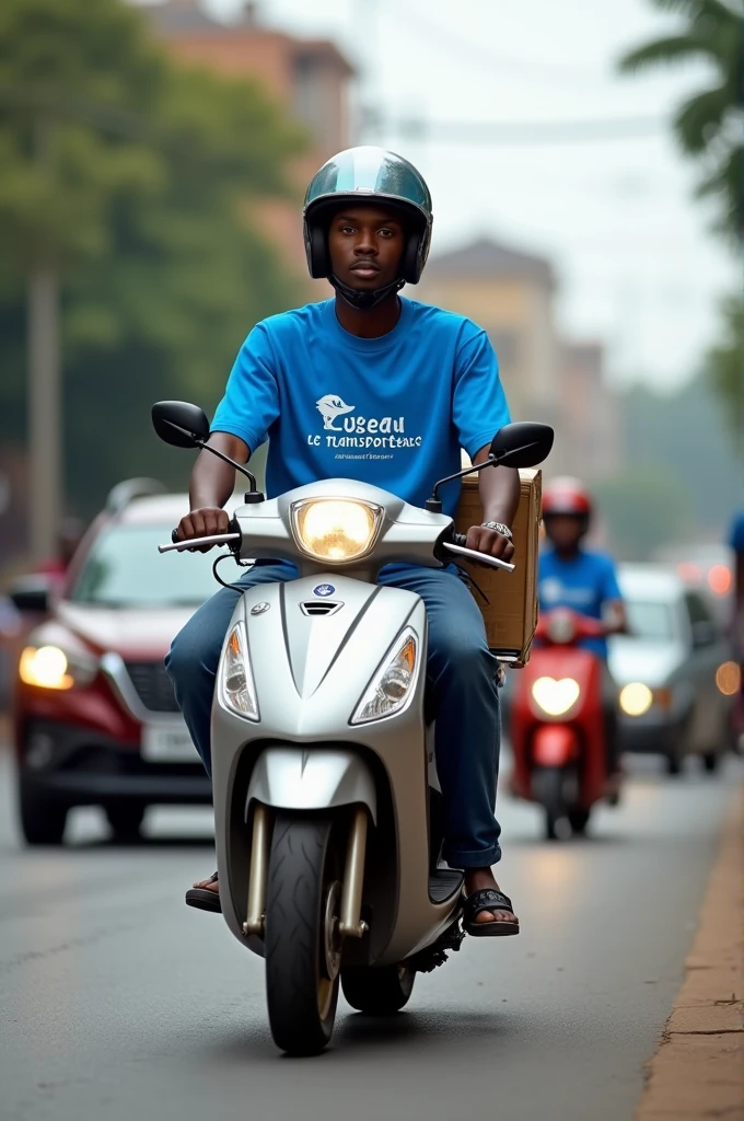 A courier with a blue T-shirt with the words Loiseau Letransporteur on it on a scooter motorcycle in the city of Cotonou to deliver a package 