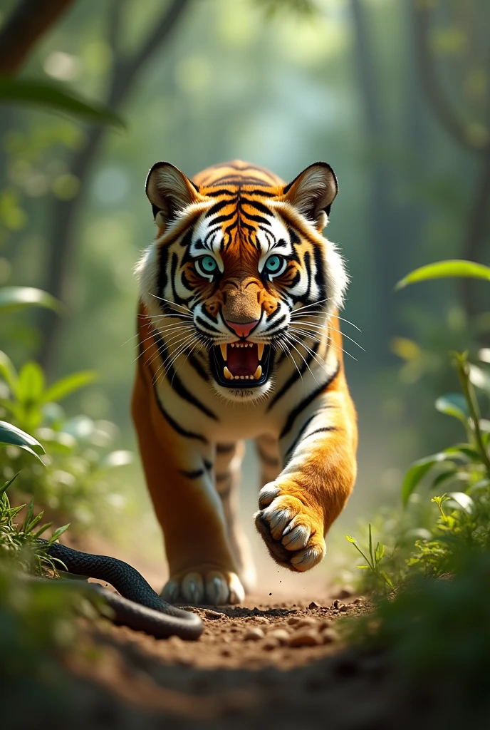 Young tiger, 1, horrible face, blue eyes, (running in jungle in day light), (Scared from snake) ,8k, RAW Photos, Highest quality, masterpiece,Highest quality