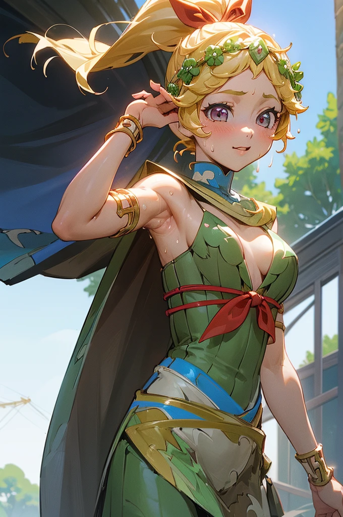 score_9, score_8_upper, score_7_upper,beautiful衣装を着たアニメのgoddessが腋を見せている,(masterpiece, Highest quality, Highest quality, Official Art, beautiful,aesthetic:1.2),((masterpiece, Highest quality, Extremely detailed CG, unity 8k wallpaper )),Impressive visuals,装飾的なbeautifulドレスを着た女性, Hot Topics at the CG Society, Fantasy art, ((beautifulファンタジーprincess)), 8K High Resolution, Detailed Art, 美しく優雅なprincess, beautiful天の魔術師, Very luxurious, wonderful, nice,Noble, (((goddess))), princess,Glowing Skin,Provocative face,Perfect Face,blue sky,High resolution decoration,beautiful装飾を身に着けている, Very long eyelashes,Perfect Eyes,demeter, blonde hair, armlet, jewelry, dress, ponytail, cape,(((Sweaty,Sweat flows down,beautiful汗ばんだ脇の下,Slimy and shiny armpits,Girl showing her armpits)))