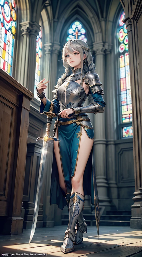 (Official art、Best Quality、Unity 8k Wallpapers、32K、masterpiece、ultra-detailliert、超A high resolution、realisitic、Photorealsitic、Very ridiculous:1.2)、(Cinematic lighting:1.2)、Fireglow effect、film grains、Best Shadows、Rim lighting、side lights、(Ultra-detailed and complex 3D rendering)、Detailed beautiful face and eyes、Sharp pupils、Realistic pupils、A slender、1Man Woman、Medium bust、(Full body:1.2)、 beauitful face、1 beautiful girl、(super detailed skin、detailed skin textures:1.3)、(silver blond、Blue-silver hair:1.3)、Paladin、Longhaire、Blunt bangs、Green eyes、3 braids in 1 bunch、(Blue Armor、Blue Boots、Blue helmet、Jeweled、Gold embroidery)、A slender、Maxi skirt、(thighs thighs thighs thighs:0.8)、(chies、in a house、Artistic stained glass、Large pipe organ、crosses、Hello Point、Mystical、a lot of feathers float、angelicales、Particles of light、solemnity、Sunlight is、colourfull、Fantastical:1.2)、(Fantastical:1.3)、(Holding the Holy Sword:1.4)、(Looking away、looking distantly:1.3)、Fantastical、Gentle smile