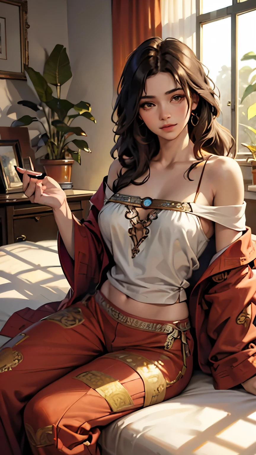 (photorealism:1.2), beautiful woman, sitting on bed, wearing loose off-shoulder top, pajama pants, long curly hair, indoors, soft lighting, plants in background, window with sunlight, cozy room, relaxed pose, realistic, intricate details, warm colors, by Greg Rutkowski, by Alphonse Mucha