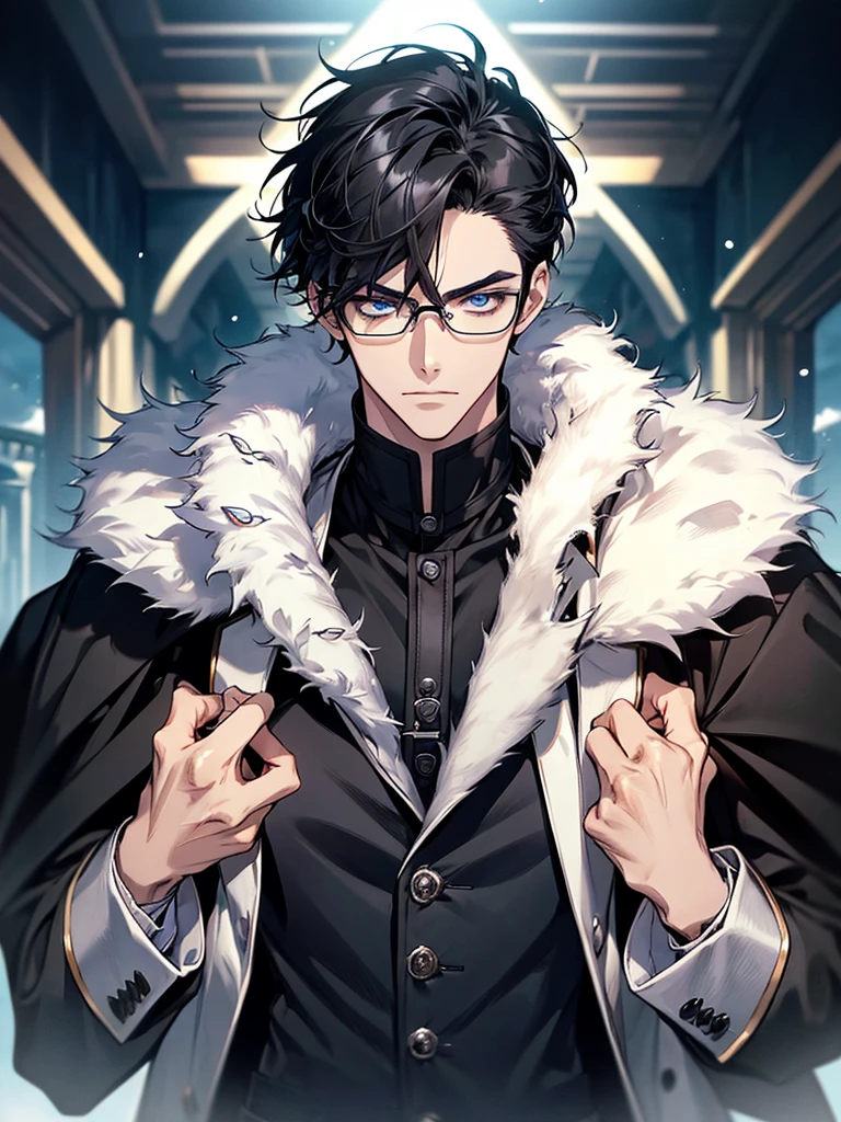 Masterpiece, High quality, Portrait, anime style, 3 young man, หน้าตาhandsome, glowing eyes, Tall anime guy with blue eyes., black short hair, ((blue eyes)),Wearing silver-rimmed glasses, ((short black hair)), [Thick eyebrows], ((black long coat)), ((all black)), (blue eyes) , handsome , Facial expressions, black knight armor , black fur shawl(Masterpiece,best quality,special, (Broad shoulders)) (muscle),The background is the sea.,Adventure Cruise