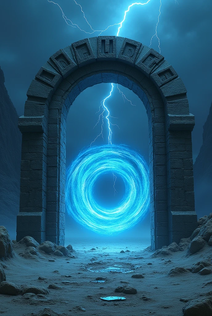 an arched door with lettered stones of "OTDTE" on top of the door in front of a swirling blue portal in a grey stony desert lightning lit night 