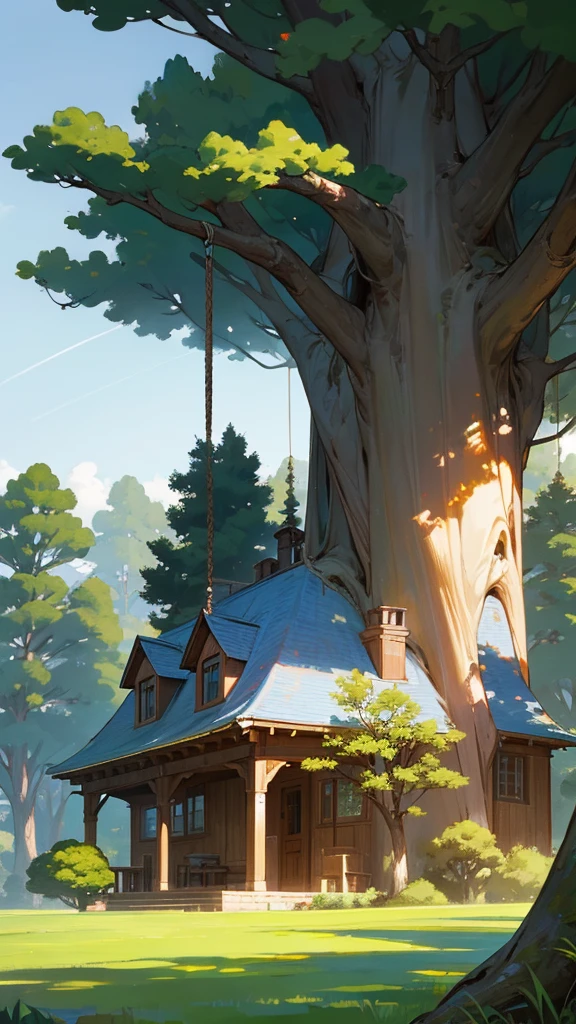 "A serene countryside scene with a massive, ancient tree towering over a cozy, two-story house. The house has a red roof and green walls, set in the middle of a lush field. The scene is bathed in warm sunlight, with blue skies and fluffy white clouds. The tree is enormous, with a thick trunk and expansive branches, and a swing hanging from one of its limbs. The atmosphere is peaceful and idyllic, as if the house is a secluded retreat in the middle of nature."