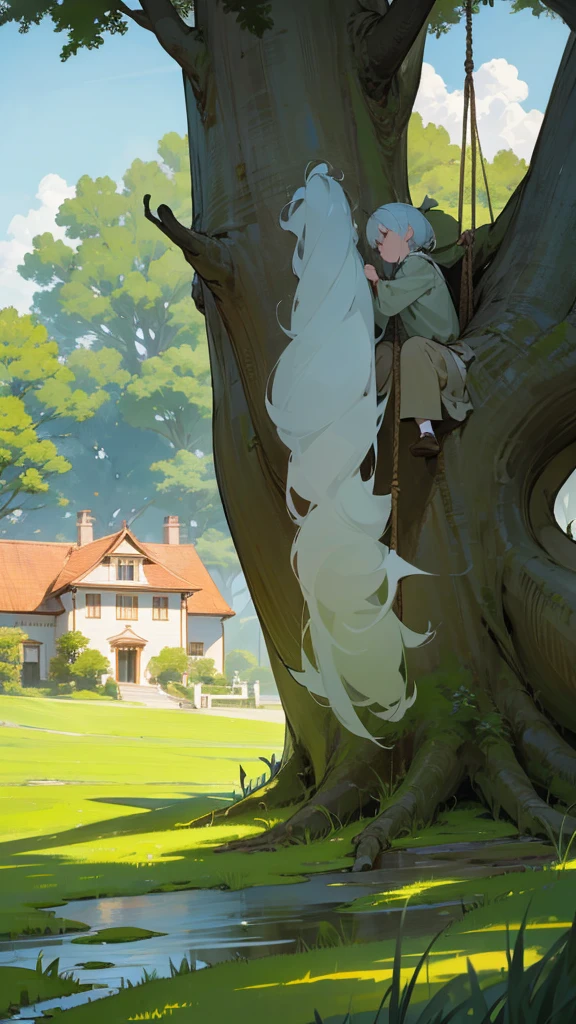 "A serene countryside scene with a massive, ancient tree towering over a cozy, two-story house. The house has a red roof and green walls, set in the middle of a lush field. The scene is bathed in warm sunlight, with blue skies and fluffy white clouds. The tree is enormous, with a thick trunk and expansive branches, and a swing hanging from one of its limbs. The atmosphere is peaceful and idyllic, as if the house is a secluded retreat in the middle of nature."