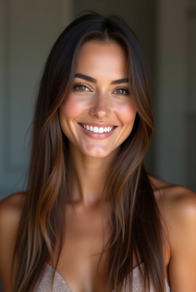 A very realistic and detailed photo of beautiful italian woman, light makeup, realistic long straight sleek brown hair, high quality photo 4k, very detailed, perfect fit, looking at the camera, detailed realistic face, detailed eyes, smiling