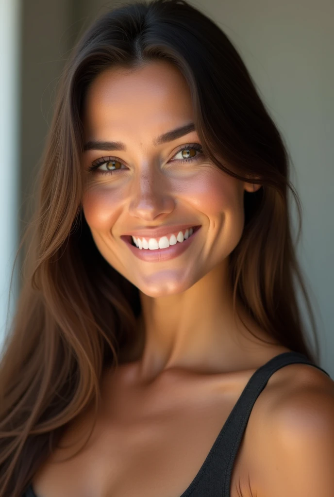 A very realistic and detailed photo of beautiful italian woman, light makeup, realistic long straight sleek brown hair, high quality photo 4k, very detailed, perfect fit, looking at the camera, detailed realistic face, detailed eyes, smiling