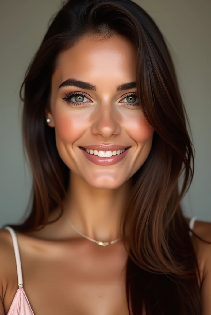 A very realistic and detailed photo of beautiful italian woman, light makeup, realistic long straight sleek brown hair, high quality photo 4k, very detailed, perfect fit, looking at the camera, detailed realistic face, detailed eyes, smiling
