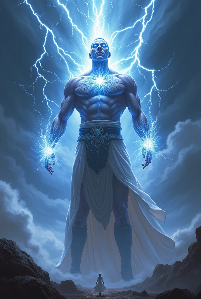 Person receiving electricity, rays coming out through the eyes and body, with clothes, a straight man, God of thunder