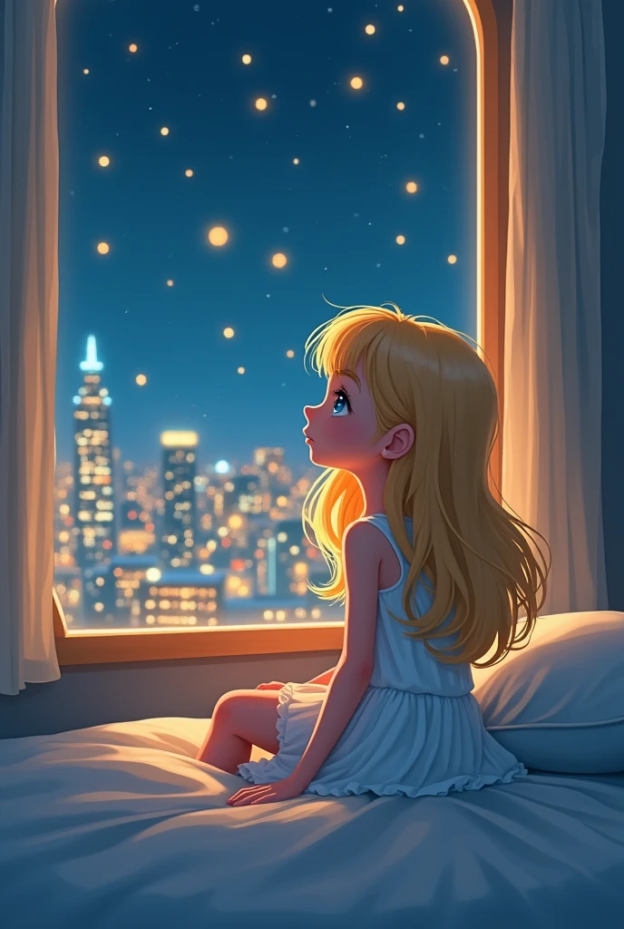 A blonde and blue-eyed girl is sitting on the bed，The city lights shimmered outside the window。Second Dimension