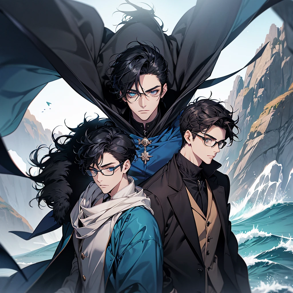 Masterpiece, High quality, Portrait, anime style, 3 young man, หน้าตาhandsome, glowing eyes, Tall anime guy with blue eyes., black short hair, ((blue eyes)),Wearing silver-rimmed glasses, ((short black hair)), [Thick eyebrows], ((black long coat)), ((all black)), (blue eyes) , handsome , Facial expressions, black knight armor , black fur shawl(Masterpiece,best quality,special, (Broad shoulders)) (muscle),The background is the sea.,Adventure Cruise