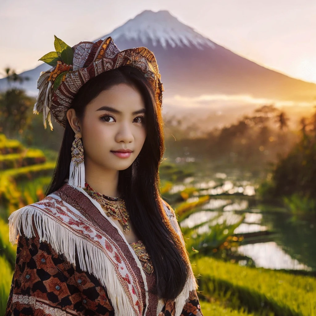(best quality, masterpiece), 1girl, intricate details, beautiful detailed face,
Generate img
TYPE : Celebgram Photos
THEME : Nature
RACE : Indonesian
PERSON : Early 20s, girl
SCENE : A beautiful Sasak woman from Lombok Island, 20 years old, white skinned, black hair, wearing a kebaya, wearing a songket sarong as her bottom, posing against the backdrop of rice fields and Mount Rinjani,
PROPS: huts and green rice fields, streams and forests.
CAMERA : photographed using an Canon eos 90d DSLR camera with 18-135mm lens
, celebgram preset, skin texture , detailed face , use presets like celebgram photos.
ANGLE : angled from sky ,High Dynamic Range (HDR) shot , rule of third
adjust the gesture as in the example image
