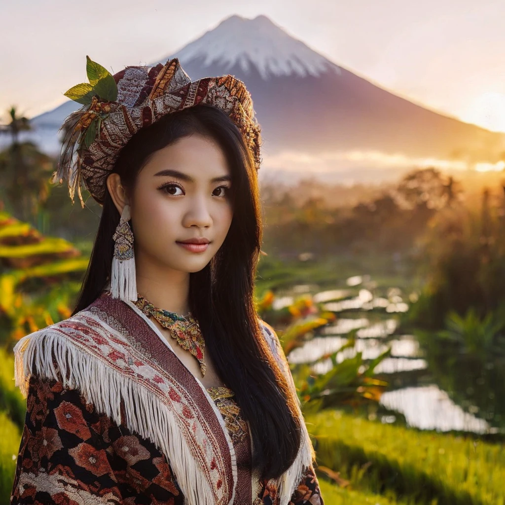 (best quality, masterpiece), 1girl, intricate details, beautiful detailed face,
Generate img
TYPE : Celebgram Photos
THEME : Nature
RACE : Indonesian
PERSON : Early 20s, girl
SCENE : A beautiful Sasak woman from Lombok Island, 20 years old, white skinned, black hair, wearing a kebaya, wearing a songket sarong as her bottom, posing against the backdrop of rice fields and Mount Rinjani,
PROPS: huts and green rice fields, streams and forests.
CAMERA : photographed using an Canon eos 90d DSLR camera with 18-135mm lens
, celebgram preset, skin texture , detailed face , use presets like celebgram photos.
ANGLE : angled from sky ,High Dynamic Range (HDR) shot , rule of third
adjust the gesture as in the example image