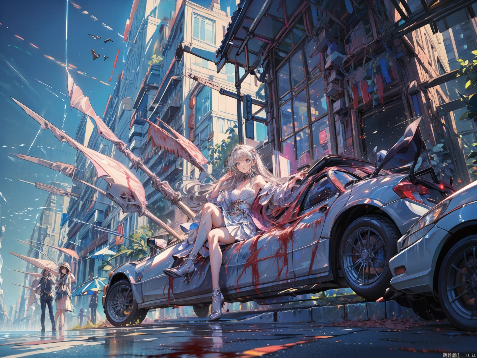 (Highest quality,4K,High resolution,masterpiece:1.2),Very detailed,Realistic:1.37,,(whole body, legs and 靴 visible: 1.2),、The thief、Thief、10 convictions、Criminal Woman、bad woman、To rob、Raiding the store、Anime Style、Storytelling、、beautiful girl、とてもcute天使、Pink Gothic Dress、cute、、smile、Long skirt、Blood splatter,(Blood splatter:1.3),Black long boots、(クレイジーなsmile:1.3)、(クレイジーなsmile:1.3),クレイジーなsmile,Scythe Face,, beautiful, Delicate facial features, Sharp Eye, Sharp Fangs, Mouth very open, Bare your teeth,Sharp teeth like a beast, Very wide lips, Very wide mouth, Vermilion cheeks