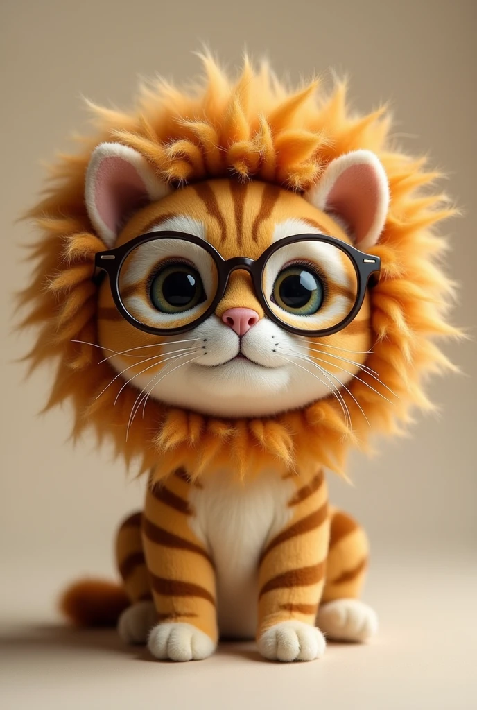 A stuffed toy of a tabby cat wearing glasses and a lion&#39;s mane