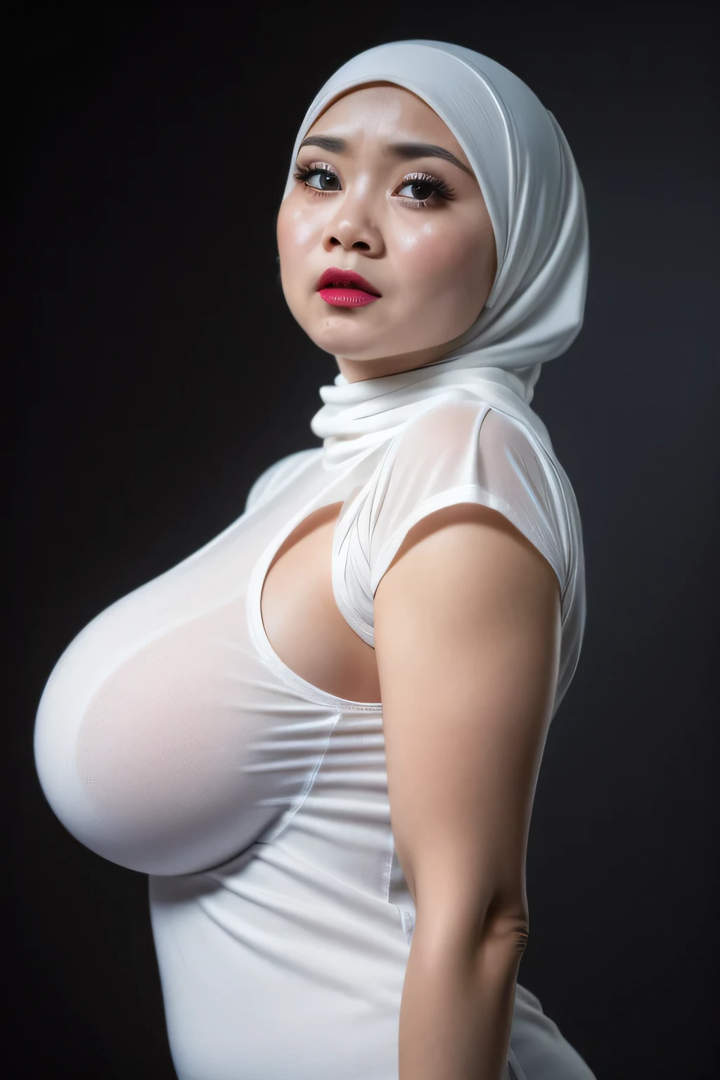 ((Red Lips)), Jumbo (Singlet), Chubby adorable, 1 girl, (face to face), , ((baby face)), (angry face expression:1.37), half body portrait, (face details: 1), (eye details: 1), ((big breasts:1.35)). wearing transparent transparency soft long shirt, hijab, .. Cute posed. proportional body. Ultra High Res. realistic: 1.4, UHD, ((plaid pattern)), ((Bigger:2.3)), (((DARK BACKGROUND)))