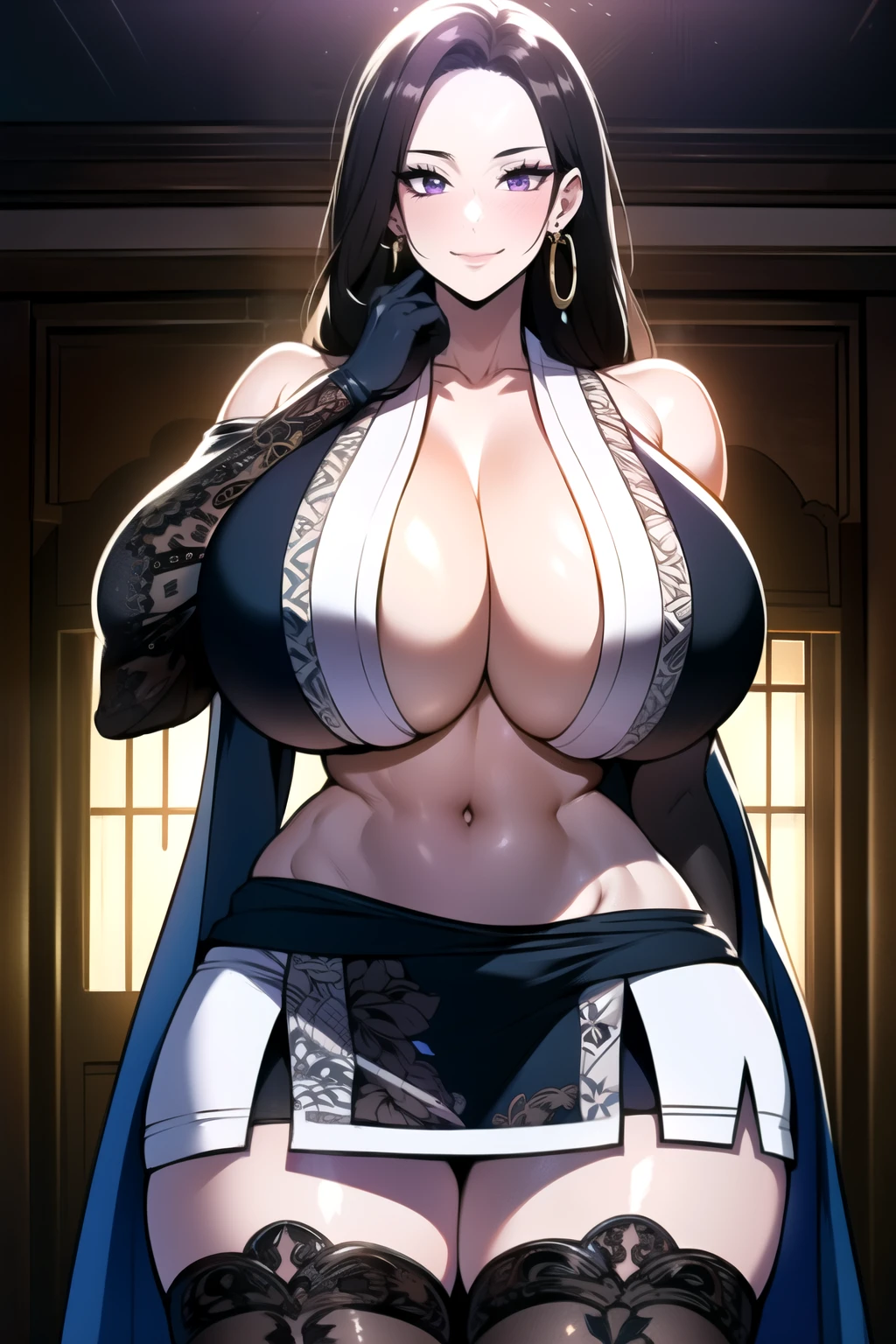 ultra realistic 8k cg, masterpiece, ((ultra detailed background, intricate detail, highly detailed, fine details best quality, hyperdetailed face)), gigantic breasts ,beautiful lighting, absurdres, BoaHancockV2, 1girl, solo, black hair, long hair, jewelry, closed mouth, ), cleavage, (short kimono : 1.1), (underboob : 1.4), elbow gloves, thigh boots, miniskirt, bare shoulders,, bare shoulders, curvy, midriff, curvy, thighs, shiny clothes), violet eyes, complex detailed background, indoor, palace), ((cowboy shot)), curvy, (gigantic breasts: 1.4), seductive smile, cowboy shot, earrings, jewelry