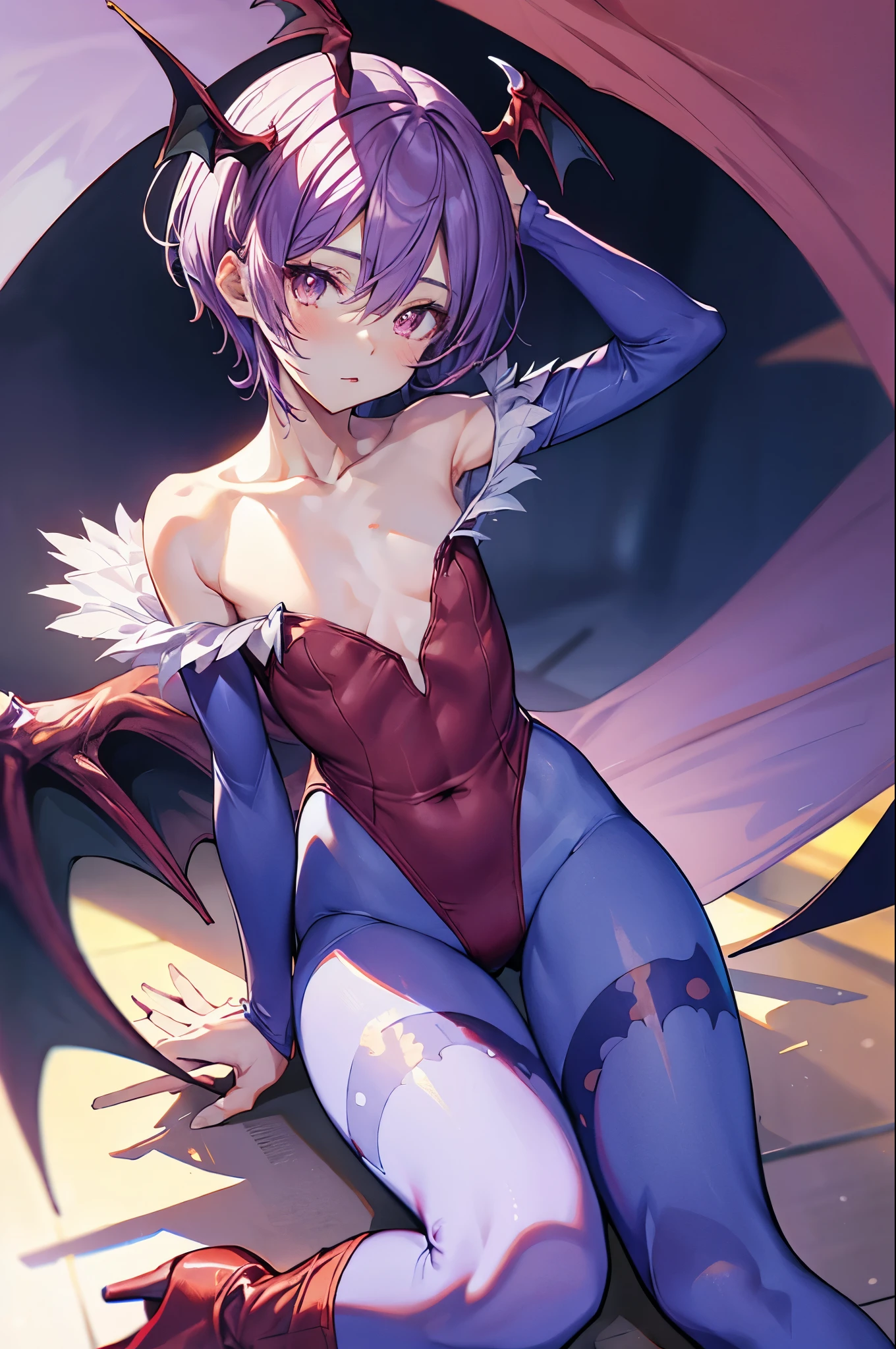 (upper body),1girl,Lilith,solo,demon girl,purple hair,short hair,(flat chest:1.3),slender,(chibi:1.2),skinny,spread armpit, arms behind head,leotard,blue pantyhose,boots,high heels,masterpiece,Noise Reduction,perfect anatomy,high resolution, ultra-detailed, ultra-detailed face,game cg,dutch angle ,beautiful detailed eyes,visualart,five fingers, perfect hands, perfect lighting, sparkling pupils,