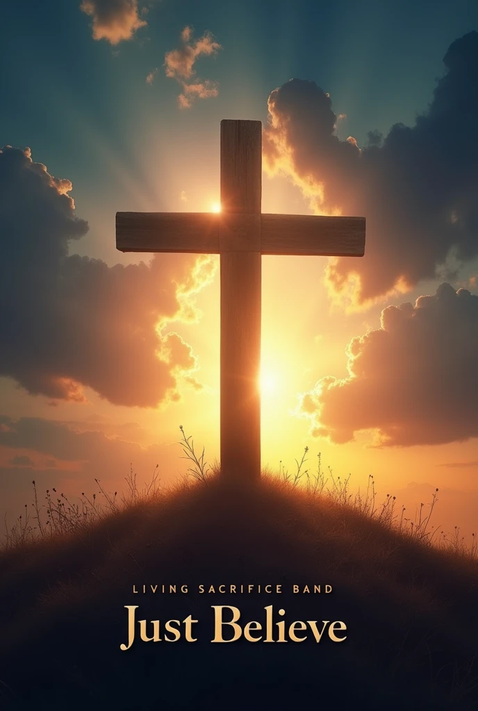 Create a CD cover for a Christian band with the name "Living Sacrifice Band". The band name should be in smaller letters at the bottom of the cover.. The album title, "Just Believe", should be the main highlight, written in an elegant, modern font in large, clearly visible letters. in Brazilian Portuguese Visual Elements:
Empty Cross on a Hill: Include an empty cross positioned on top of a mound, with a light effect highlighting the cross. The light must come from behind the cross, creating a dramatic, celestial lighting effect.
Background and Colors:
Use modern colors, like a combination of dark blue, doradas, orange and purple, to create a spiritual and inspiring atmosphere.
Consider using a sunset or sunrise sky to add depth and emotion to the background..
Additional Styles:
realistic model: A realistic scene with a cross prominently displayed under a dramatic sky.
Cartoon Illustration Style: A stylized drawing of the cross in a mountainous landscape, with a starry sky or at sunrise, for a more youthful and vibrant look.
Abstract Model: Use abstract shapes and vibrant colors to represent dynamism and movement, symbolizing faith and belief.
General Style:
Design should convey a sense of faith, Hope and spirituality.
The image must be in high resolution (4K) to ensure print sharpness and quality.