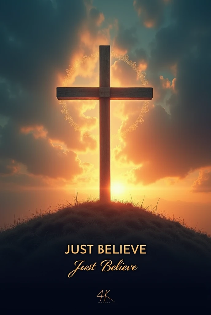Create a CD cover for a Christian band with the name "Living Sacrifice Band". The band name should be in smaller letters at the bottom of the cover.. The album title, "Just Believe", should be the main highlight, written in an elegant, modern font in large, clearly visible letters. in Brazilian Portuguese Visual Elements:
Empty Cross on a Hill: Include an empty cross positioned on top of a mound, with a light effect highlighting the cross. The light must come from behind the cross, creating a dramatic, celestial lighting effect.
Background and Colors:
Use modern colors, like a combination of dark blue, doradas, orange and purple, to create a spiritual and inspiring atmosphere.
Consider using a sunset or sunrise sky to add depth and emotion to the background..
Additional Styles:
realistic model: A realistic scene with a cross prominently displayed under a dramatic sky.
Cartoon Illustration Style: A stylized drawing of the cross in a mountainous landscape, with a starry sky or at sunrise, for a more youthful and vibrant look.
Abstract Model: Use abstract shapes and vibrant colors to represent dynamism and movement, symbolizing faith and belief.
General Style:
Design should convey a sense of faith, Hope and spirituality.
The image must be in high resolution (4K) to ensure print sharpness and quality.