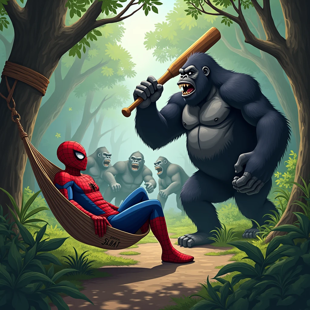 The image presents a humorous and adventurous scene set in a dense forest. Spider-Man is lounging casually in a hammock, seemingly unbothered, while a large gorilla menacingly approaches him with a wooden bat raised, as if about to strike. In the background, chaos ensues as more gorillas are involved in some sort of conflict or chase. The scene is both tense and absurd, mixing the calm demeanor of Spider-Man with the imminent threat posed by the gorilla. The contrast between the laid-back attitude of Spider-Man and the surrounding mayhem adds a comedic element to the image.