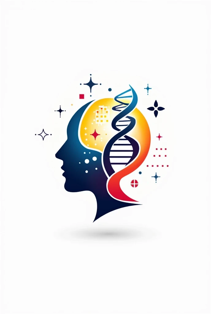 Create a logo image on a white background that integrates these three elements: a human head, clearly a DNA sequence and a well-identified computer chip using yellow, blue and red colors