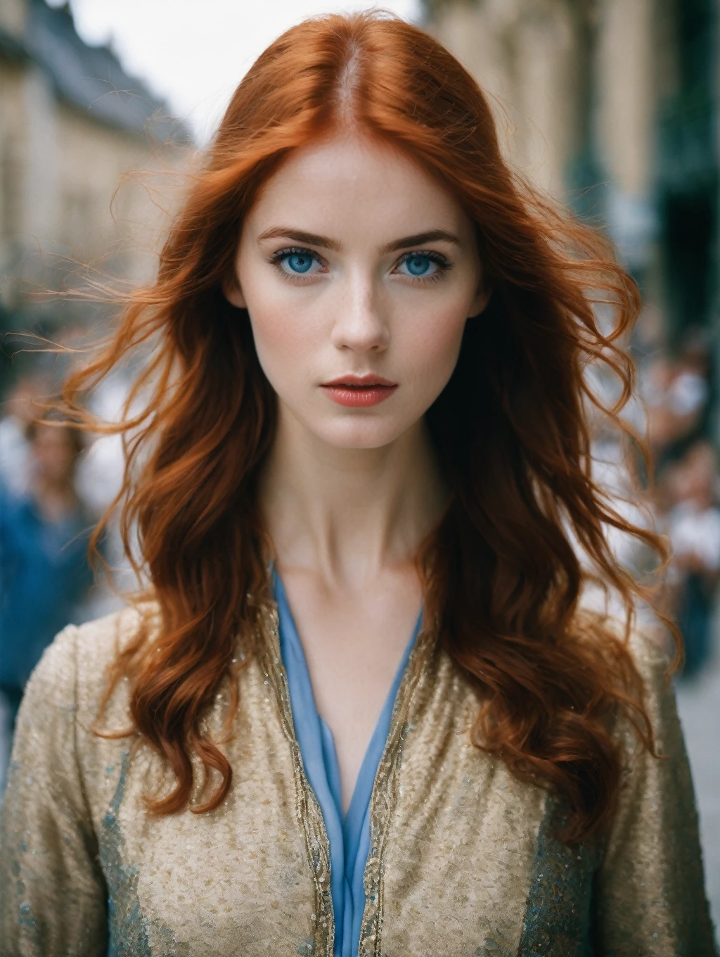 Portrait d'une femme rousse aux yeux bleus agitée et aléatoire,  Photographie cinématographique de haute qualité, Appareil photo argentique Fuji, bruit, 35mm