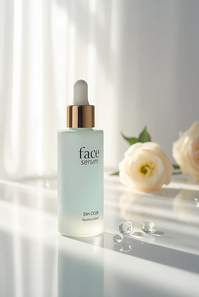 Design a sophisticated image featuring a premium face serum bottle in the center. The serum should have a sleek, modern design with a glass dropper and an elegant label. Place the bottle against a clean, minimalist background, with soft lighting that highlights the product's transparency and luxurious feel. In the middle of the image, add the text 'Face Serum' in elegant, stylish font, ensuring it complements the product. Include subtle elements like water droplets or a gentle glow to evoke a sense of hydration and rejuvenation, emphasizing the serum's skincare benefits