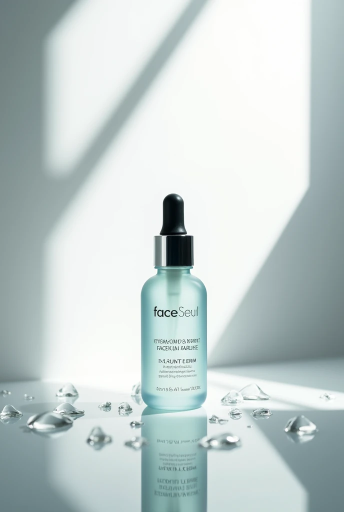 Design a sophisticated image featuring a premium face serum bottle in the center. The serum should have a sleek, modern design with a glass dropper and an elegant label. Place the bottle against a clean, minimalist background, with soft lighting that highlights the product's transparency and luxurious feel. In the middle of the image, add the text 'Face Serum' in elegant, stylish font, ensuring it complements the product. Include subtle elements like water droplets or a gentle glow to evoke a sense of hydration and rejuvenation, emphasizing the serum's skincare benefits
