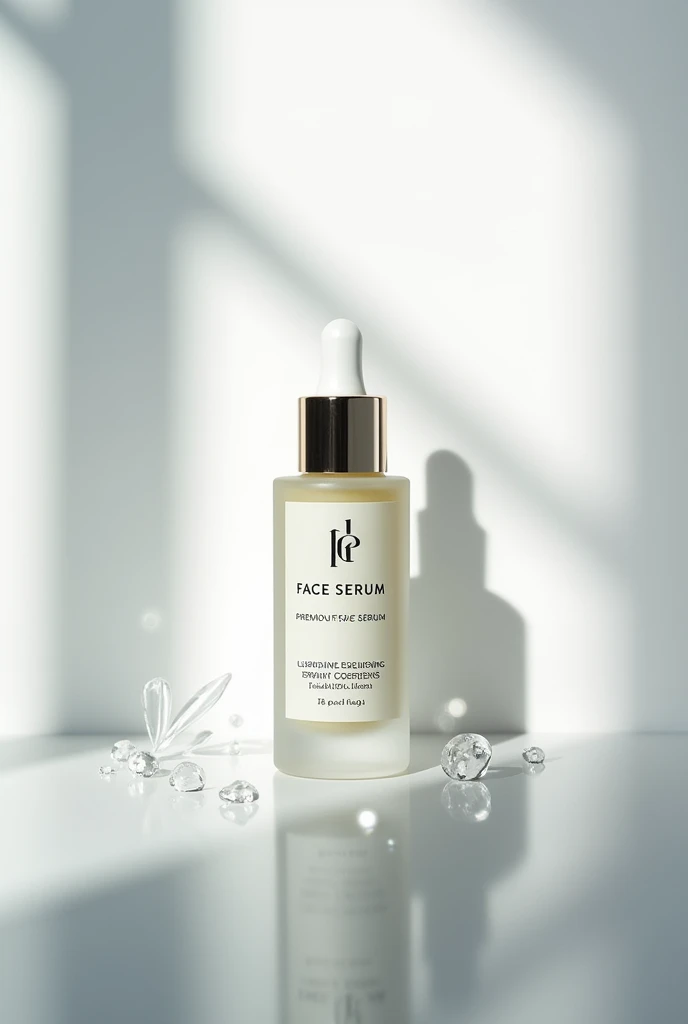 Design a sophisticated image featuring a premium face serum bottle in the center. The serum should have a sleek, modern design with a glass dropper and an elegant label. Place the bottle against a clean, minimalist background, with soft lighting that highlights the product's transparency and luxurious feel. In the middle of the image, add the text 'Face Serum' in elegant, stylish font, ensuring it complements the product. Include subtle elements like water droplets or a gentle glow to evoke a sense of hydration and rejuvenation, emphasizing the serum's skincare benefits