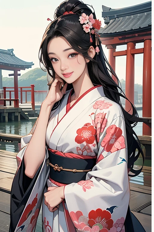 A beautiful woman smiles and shows her upper white teeth、Vividly colored Japanese Ukiyo-e style illustrations、(SeaArt creates stunning illustrations of beautiful women in kimono)、Brown-black long hair、Beautiful full body style、Beautiful digital painting,、Bright vibrant digital anime art、 Detailed digital anime art、 Beautiful anime portraits、background、Torii gate of a shrine in Kyoto, Japan、Detailed CG、