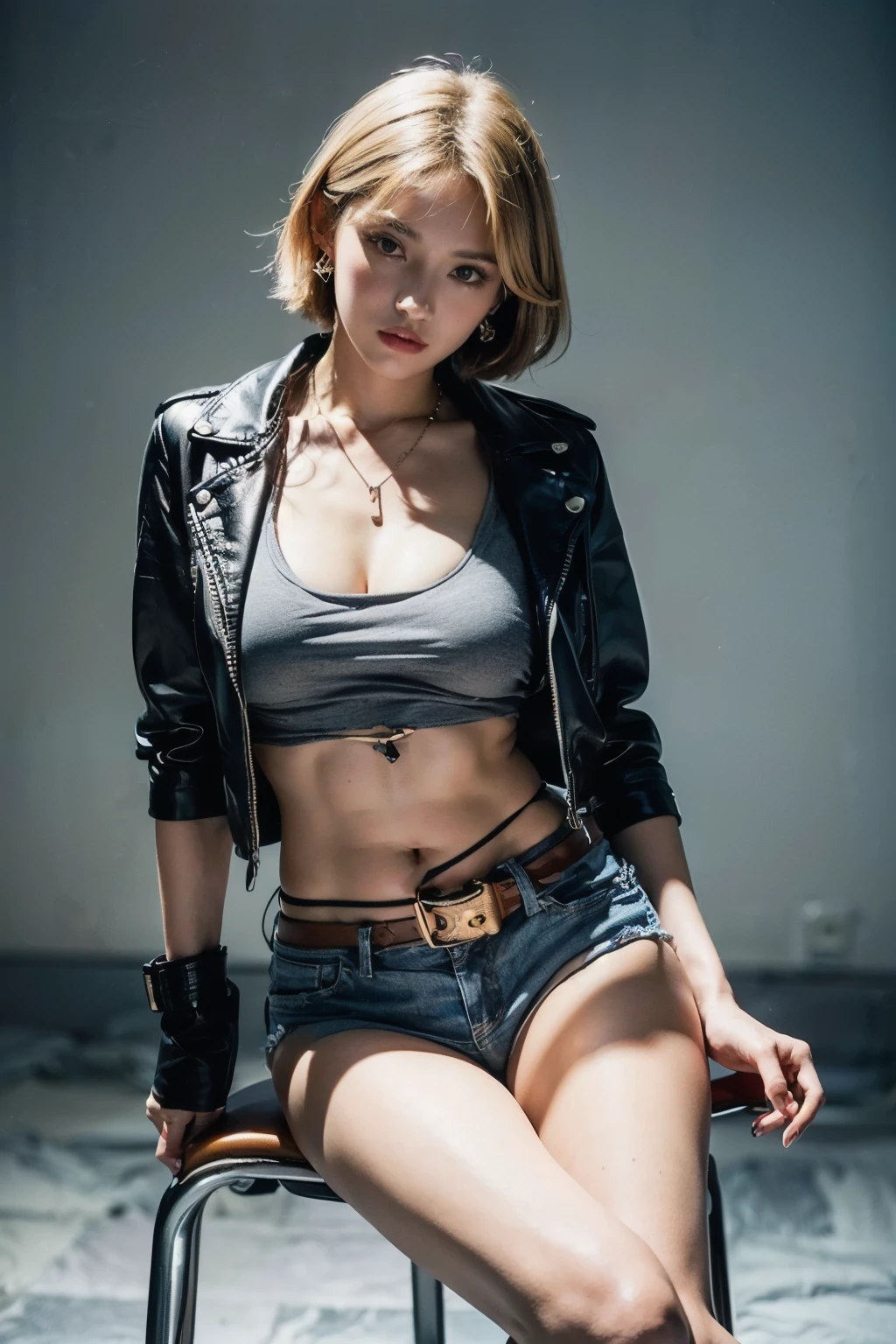 (RAW shooting:1.2, Photoreal:1.5, 8k, highest quality:1.2, masterpiece:1.2, ultra high resolution:1.2), perfect dynamic composition:1.2, Highly detailed skin and facial textures:1.2,beautiful and aesthetic:1.2, full body:1.2, Fair skin:1.2, (large breast:1.4, Chest gap:1.4), (perfect limbs:1.2), (perfect fingers:1.2),(1girl:1.2,tall:1.2,sexy:1.2,caucasian:1.2,glamour:1.2,,makeup:1.2,(sitting:1.2,chair:1.2,legs together:1.2),earrings:1.2,necklace:1.2,short blonde hair:1.2,tight top:1.2,denim top:1.2,sleeveless:1.2,leather jacket:1.2,navel:1.2,belt:1.2,denim shorts:1.2,perfect thigh:1.2,sneakers:1.2),(simple background:1.2),