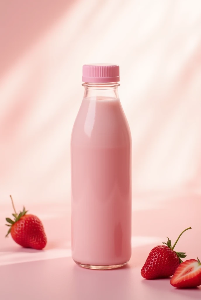 Flat plastic bottle, strawberry fresh milk, with space for logo