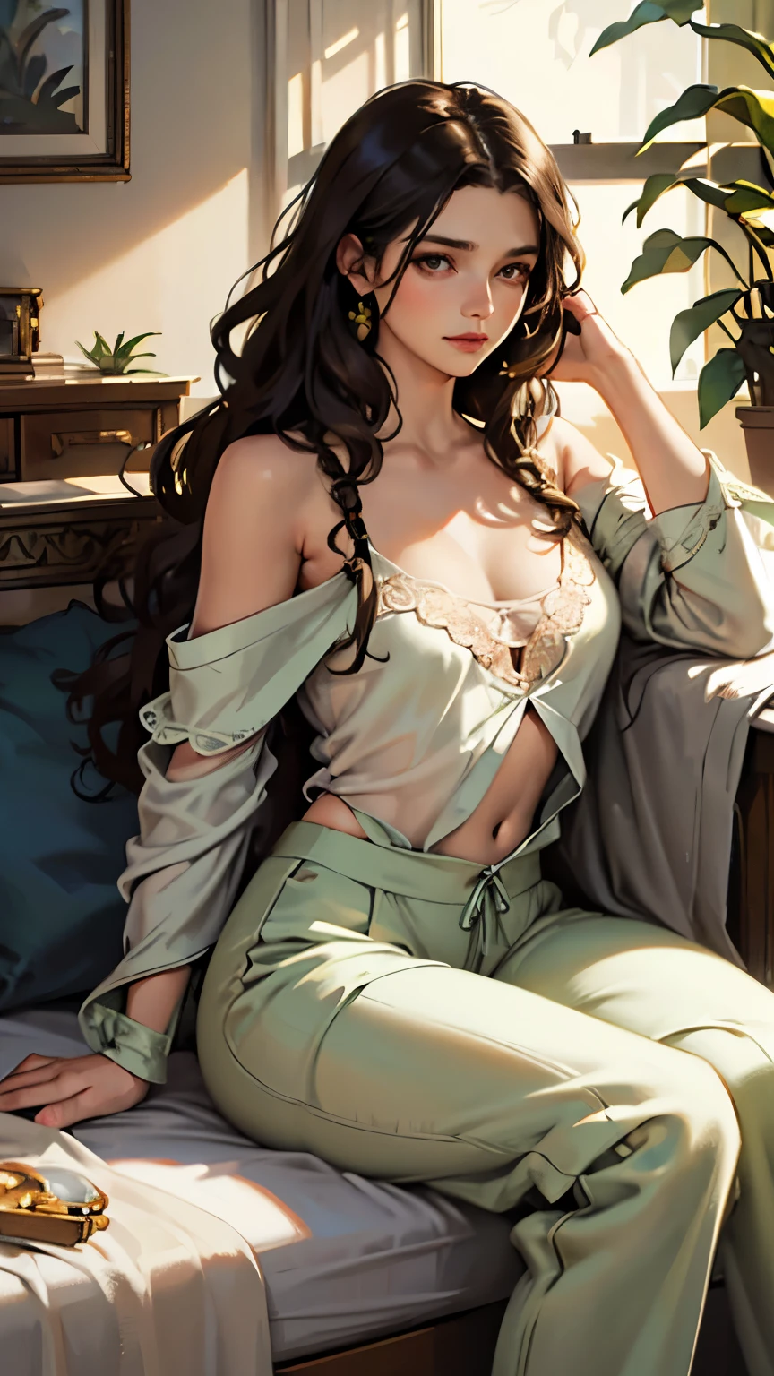 (photorealism:1.2), beautiful woman, sitting on bed, wearing loose off-shoulder top, pajama pants, long curly hair, indoors, soft lighting, plants in background, window with sunlight, cozy room, relaxed pose, realistic, intricate details, warm colors, by Greg Rutkowski, by Alphonse Mucha