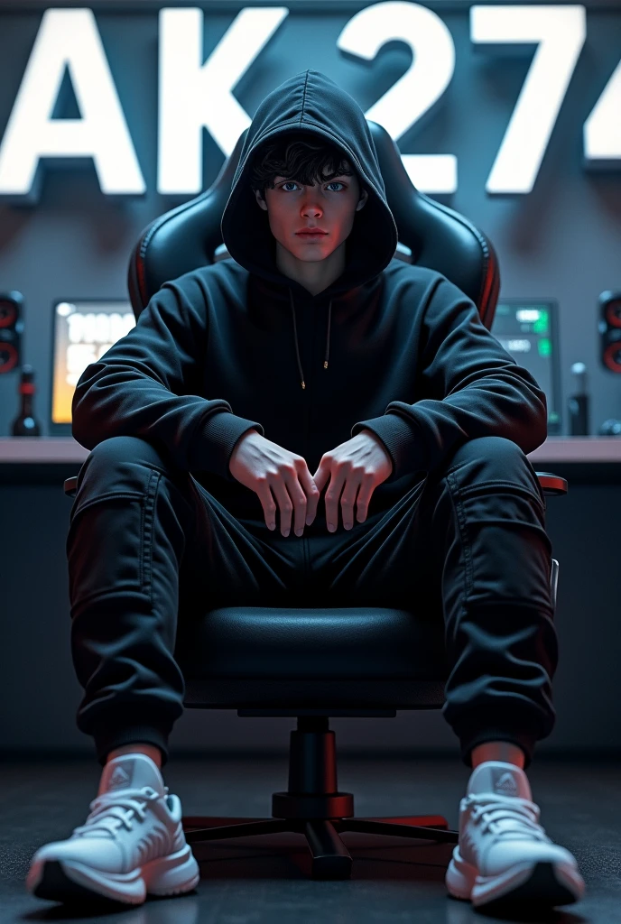 A boy with big muscles wearing full sleeves black hoody and face covered with hoody capand a black cargo pant wearing white shoes sitting on a gaming chair and written behind him AK274 with lights