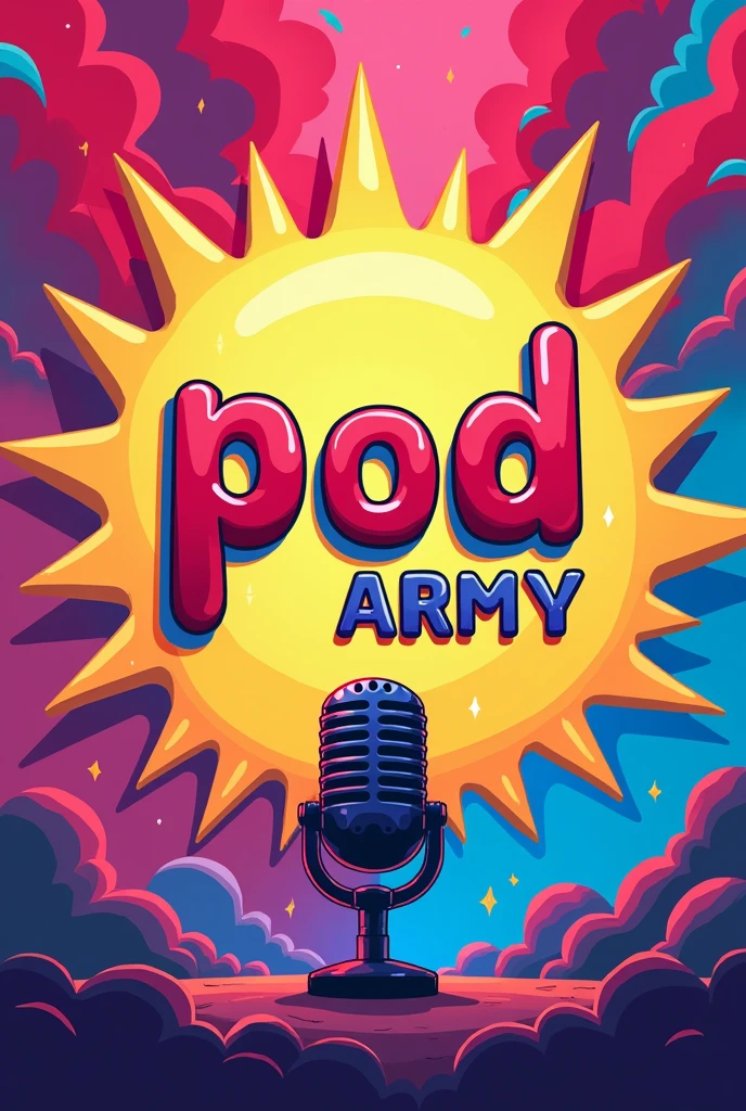 Background with bright colors and in the center written Pod and then separate and put Army below in capital letters, withouth People, for a podcast cover, put a cartoon style microphone under the written thing