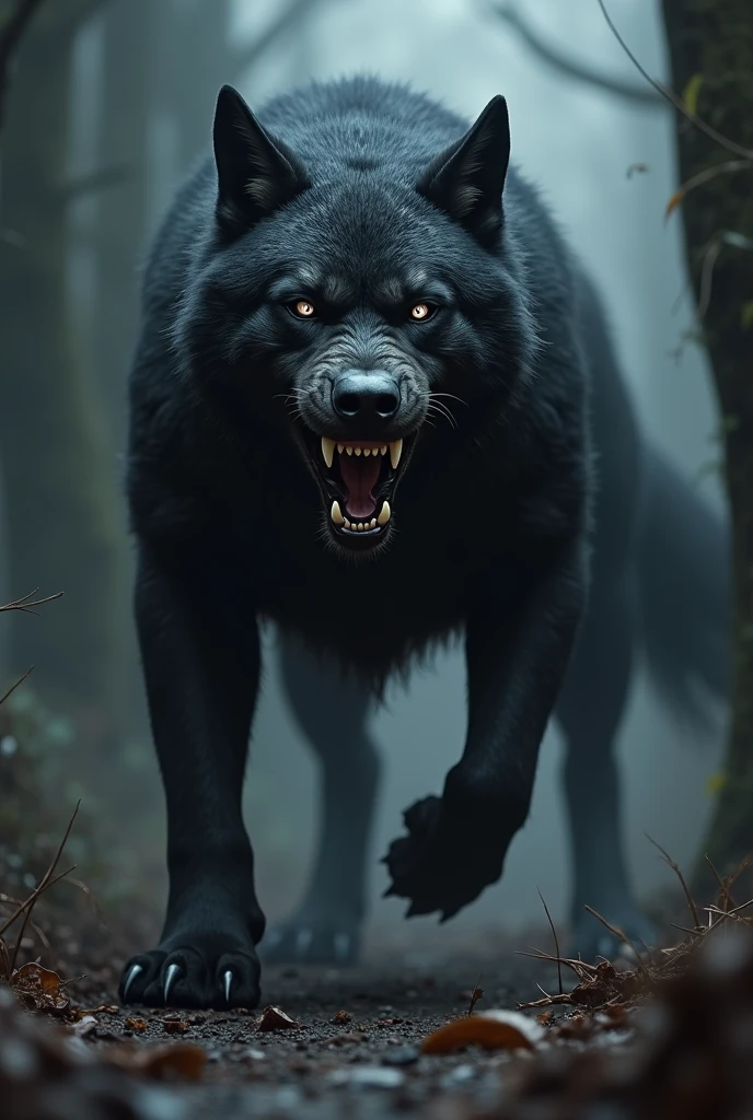 Create an image of a vicious dog with dull black fur and piercing eyes that convey coldness and malice. The dog must have a threatening posture, with visible teeth and a fierce expression. Your body should be tense and ready to attack., reflecting their aggressive and dangerous nature. The surrounding environment should accentuate your threatening presence, perhaps with deep shadows and a dark setting that amplifies the feeling of fear and unease."
