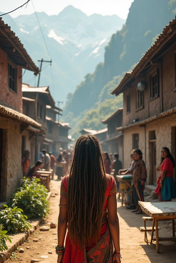 A hippy with dreadlocks standing in Malana village mesmerised by the beauty
with villagers doing their daily work