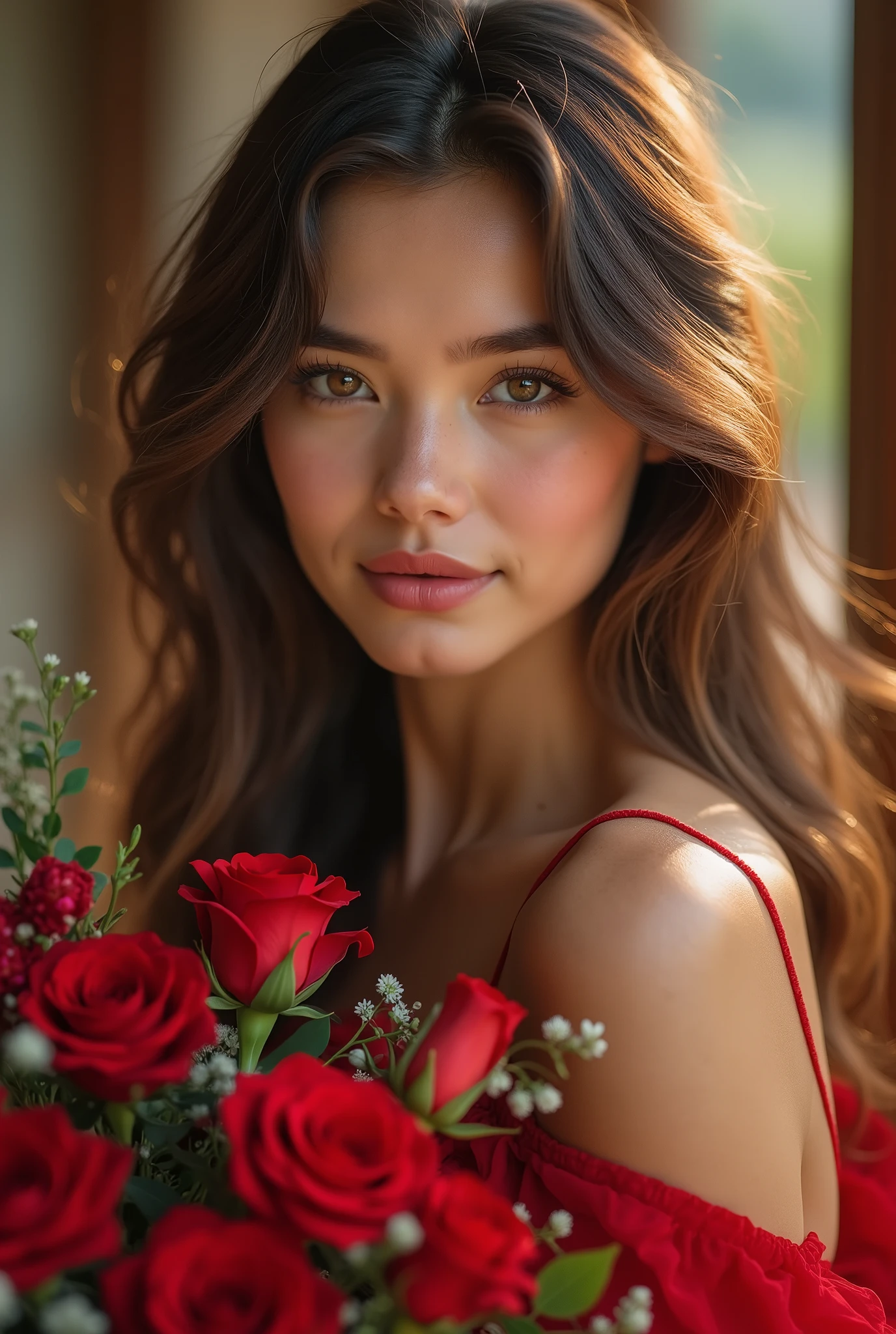 Chic red dress, Luxurious bouquet、Cowboy Shot, Very detailed, 2, Innocent face, Naturally Wavy Hair, High resolution, masterpiece, 最high quality, Intricate details, Very detailed, Clear focus, Delicate skin, practical skin texture, texture, Delicate eyes, Professional, 4K, Cute Smile, Shot with Canon, 85mm, Shallow and deep, Kodak Vision Color, that&#39;that&#39;s right, Very detailedな, photograph_\(Extremist\), photographpractical, practical, Post-processing, Maximum details, Roughness, Real Life, Extremist practical, Photorealism, photographgraphy, 8kウルトラHD, photographgraphy, (最high quality、Tabletop、8k、Best image quality、Award-winning works)、(Red eyeshadow:1.2)、Perfect Makeup、Long eyelashes、超高精細のShine目、Ultra HD Hair、ultra High resolution glossy lips、Super High resolution perfect teeth、Super High resolution cute face、Black Hair、(Very short straight hair:1.1)、Look at me and smile、[clavicle]、Accurate anatomy、With bangs、超High resolutionのShine肌、The most detailed face、Ultra High resolution detailed faces、ultra High resolution hair、Fashion Model, Age 25, Perfect Eyes, Perfect Iris, Perfect Lips, Perfect Teeth, Perfect Skin, Soft Front Light, Shine, High resolution, (Soft colors: 1.2), 最high quality, a photographrealistic portrait of a stunningly beautiful woman without make-up, Very detailedな light hazel eyes, Symmetric, Realistically detailed face, Very detailedな natural texture, Peach fuzz, Messy Hair, masterpiece, Absurd, award winning photograph by lee jeffries, nikon d850 film stock photographgraph, Kodak Portra 400 Camera F1.6 Lenses, Very detailedな, wonderful, Finer details, Rich colors, hyper realistic lifelike texture, Dramatic lighting, Unreal Engine, It was a hot topic on Art Station., Cinestill 800 Tungsten, Looking at the audience, photograph realistic, RAW photograph, Tanveer Tamim, high quality, High resolution, Sharp focus, Very detailedな, Cinema Lighting, 8k uhd, Kneel, 