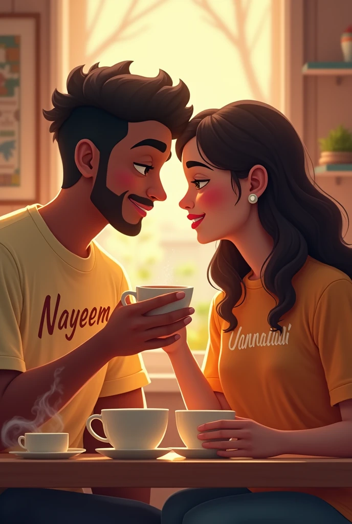 Nayeem and jannatul seating together. Nayeems shirt name is Nayeem and Jannatuls shirt name is jannatul and they are drinking tea
