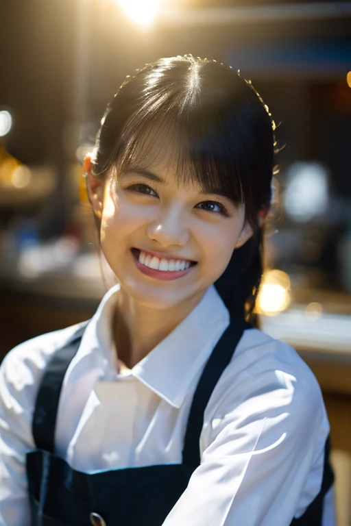 (8k, RAW photo, best quality, masterpiece), (photorealistic), outstanding details, ultra-high resolution, anatomically correct, textured skin, (Extremely precise and accurate anatomy),
Ultra Detailed Face, Detailed Eyes,
1 Girl, barista uniform, forehead, pulled back hair,
(Cute Japanese girl , 20-year-old), light smile,
cinematic lighting in the hair, hair light, wind in the hair,
(open cafe),
(backlighting),
(reflection light from below:1.4),
atmospheric perspective, depth of field,
(dramatic lighting), cinematic lighting,