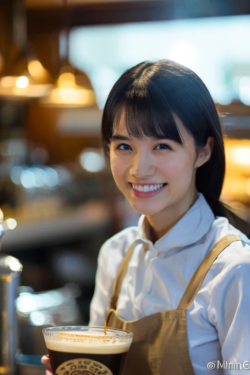 (8k, RAW photo, best quality, masterpiece), (photorealistic), outstanding details, ultra-high resolution, anatomically correct, textured skin, (Extremely precise and accurate anatomy),
Ultra Detailed Face, Detailed Eyes,
1 Girl, barista uniform, forehead, pulled back hair,
(Cute Japanese girl , 20-year-old), light smile,
cinematic lighting in the hair, hair light, wind in the hair,
(open cafe),
(backlighting),
(reflection light from below:1.4),
atmospheric perspective, depth of field,
(dramatic lighting), cinematic lighting,