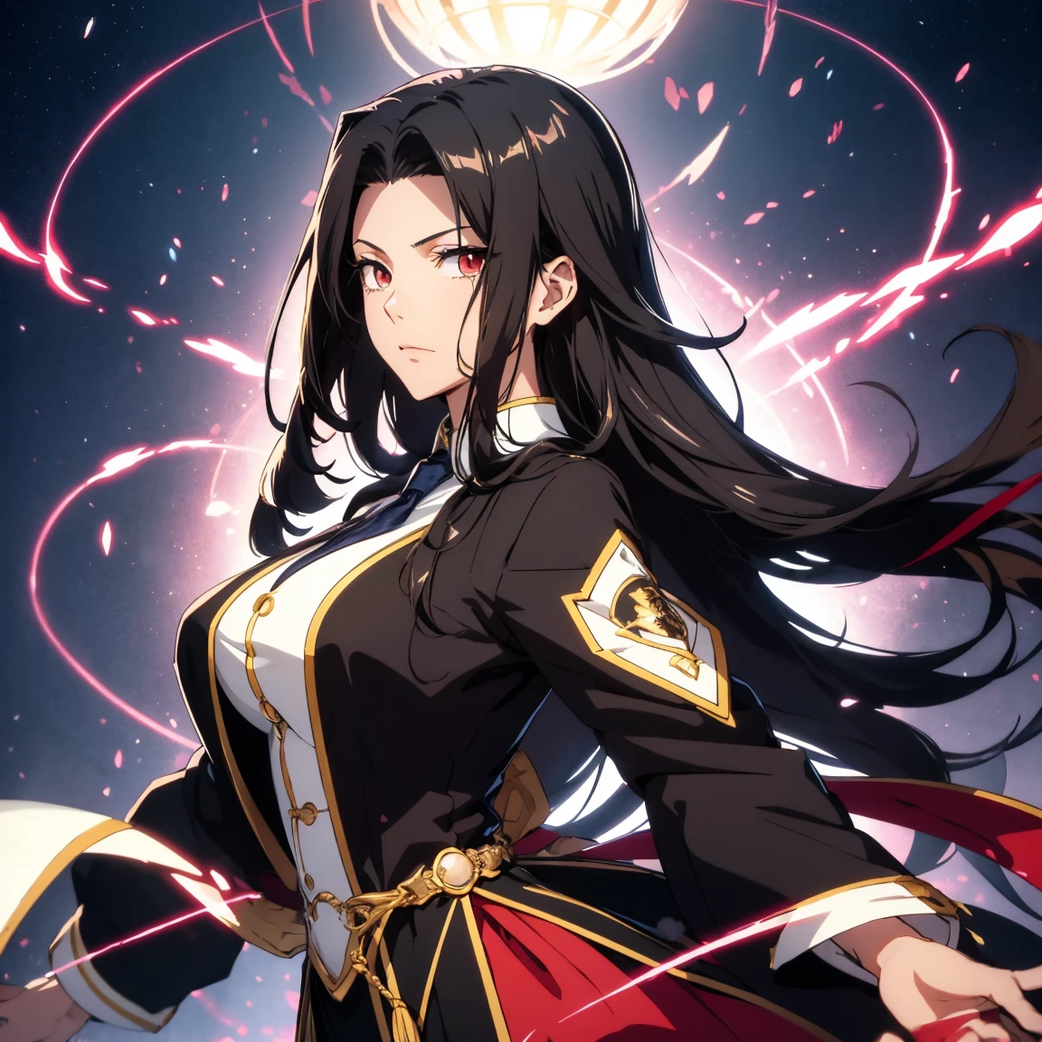 (Very detailed, Pixel perfect, Highest, Highest品質), 20 year old anime, Smooth anime art style, 長いBlack Hair, Slightly wavy hair, Parted bangs, Black Hair, Gradient Hair Color, magician, ((Red eyes)), Detailed eyes, beautiful eyes, Black long coat, White shirt, tie, Black Skirt, noble, nobleの服装, beautiful, Mysterious, elegant, Prestigious, Royal Buildings, Royal atmosphere, Classic, Particle Effects, View your viewers, Erect nipples