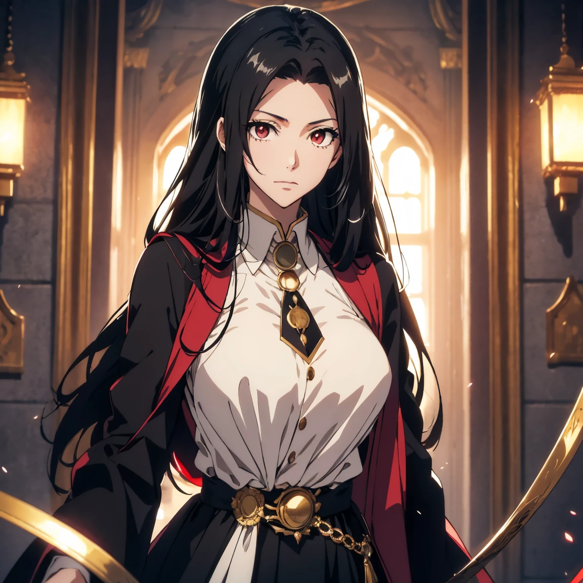 (Very detailed, Pixel perfect, Highest, Highest品質), 20 year old anime, Smooth anime art style, 長いBlack Hair, Slightly wavy hair, Parted bangs, Black Hair, Gradient Hair Color, magician, ((Red eyes)), Detailed eyes, beautiful eyes, Black long coat, White shirt, tie, Black Skirt, noble, nobleの服装, beautiful, Mysterious, elegant, Prestigious, Royal Buildings, Royal atmosphere, Classic, Particle Effects, View your viewers, Erect nipples